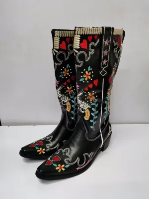 Embroidery Floral Mid Calf Boots For Women Slip On Casual  Shoes