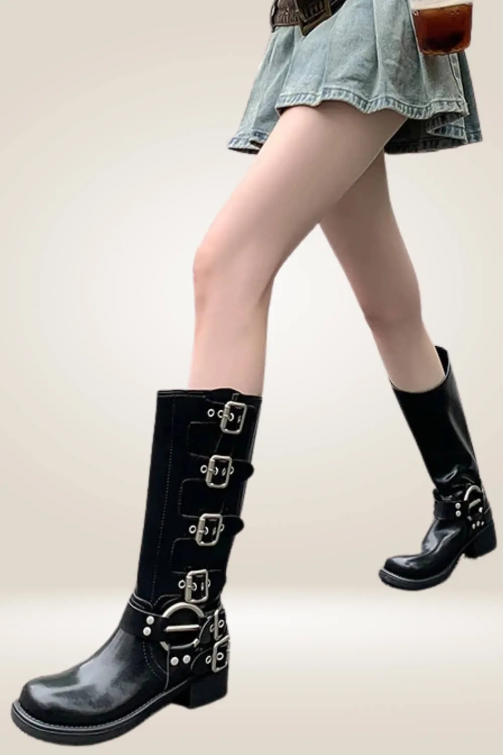 Mid Calf Black Buckle Boots