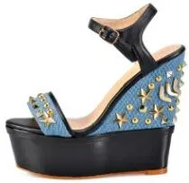 New Women Sandals Shoes Women Wedges Sandals in High Heels Platform Wedges shoes For Women Metal Geometric Denim