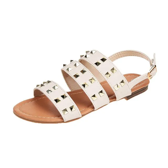 Nice Fashion Buckle-strap WoMen Shoes Summer Sandals Gladiator Open Toe Buckle Strap Flat With Rivets Women Shoes Sandals