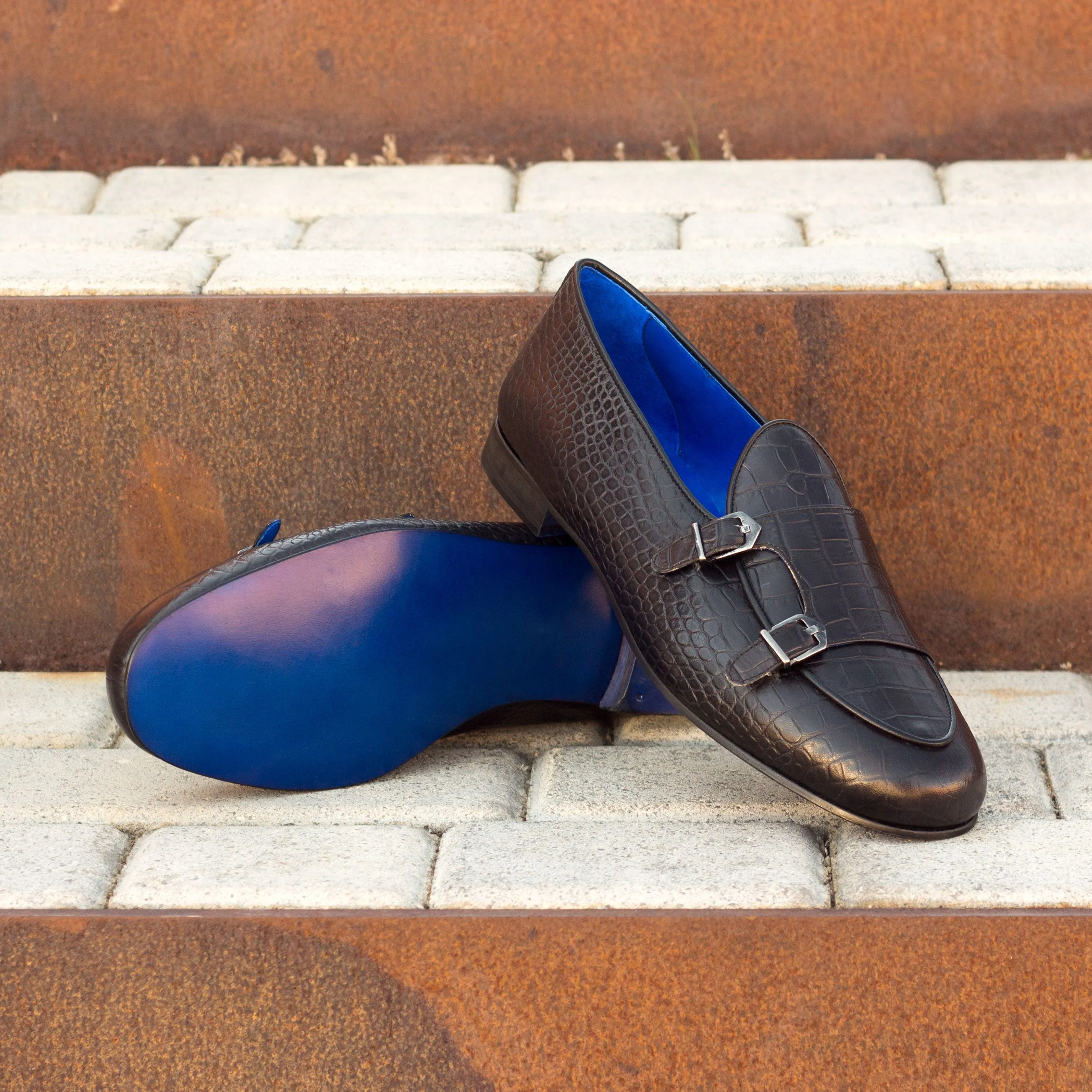 Unique Handcrafted Monk Slipper  black painted croco