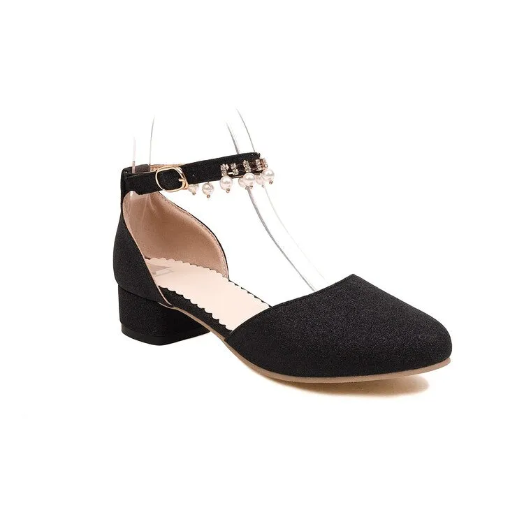 Women's Bling Bling Round Toe Hollow Out Ankle Strap Pearls Rhinestone Block Heel Low Heels Sandals