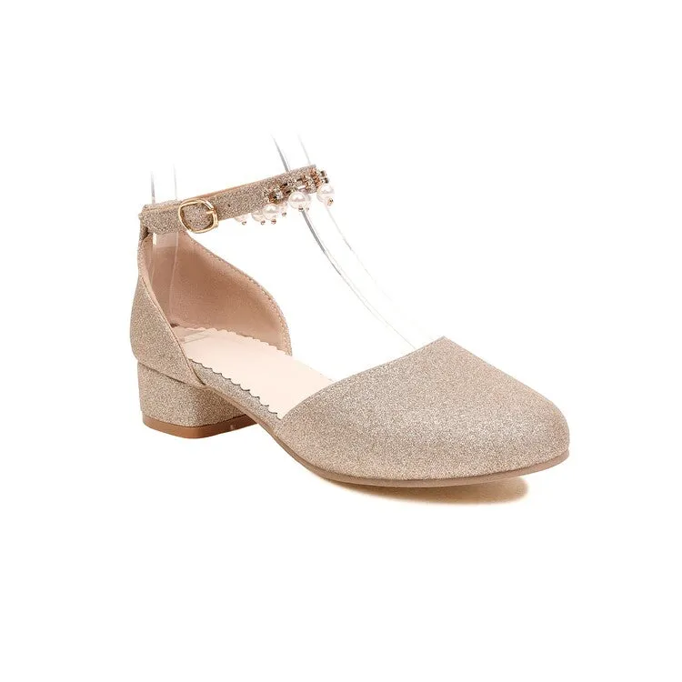 Women's Bling Bling Round Toe Hollow Out Ankle Strap Pearls Rhinestone Block Heel Low Heels Sandals