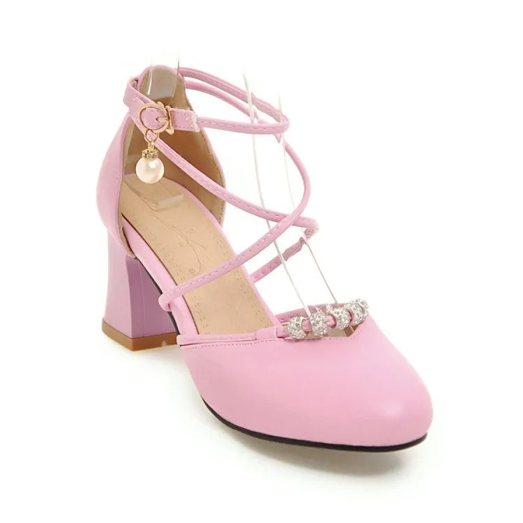 Women's Cross Tied Strap Buckle Pearls Block Heel Sandals