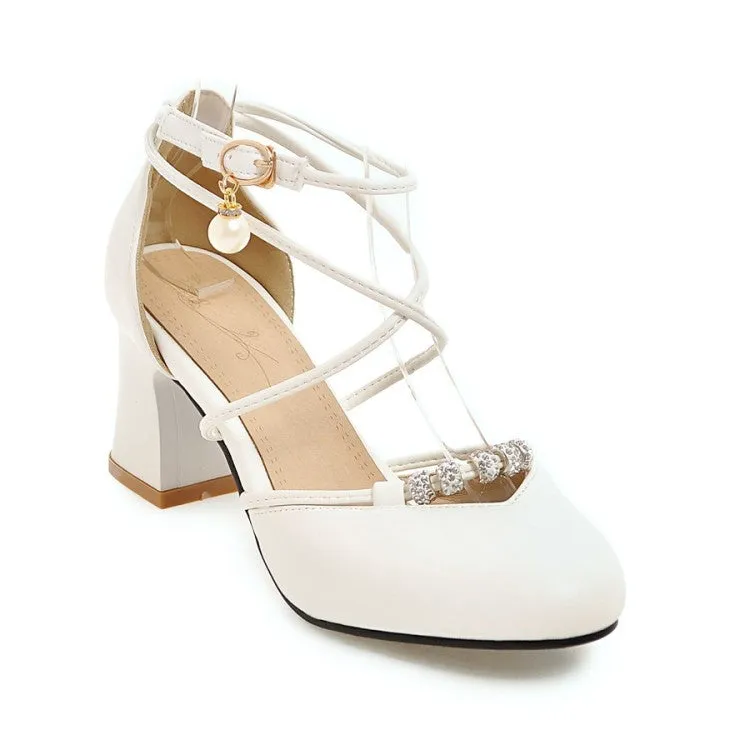Women's Cross Tied Strap Buckle Pearls Block Heel Sandals