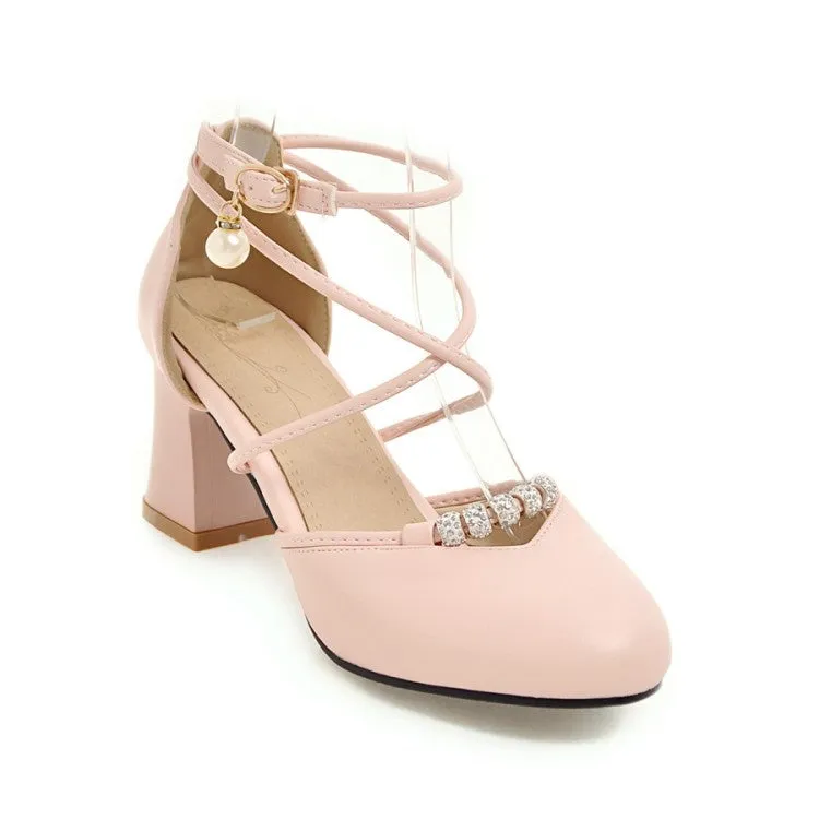 Women's Cross Tied Strap Buckle Pearls Block Heel Sandals