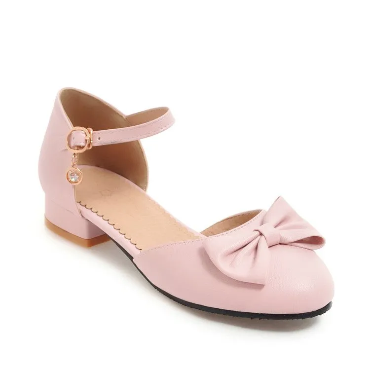 Women's Round Toe Butterfly Knot Ankle Strap Block Heels Sandals