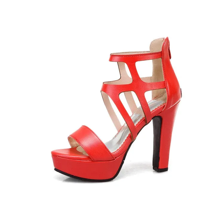 Women's Snake Print Open Toe Hollow Out Platform Chunky Heel Sandals