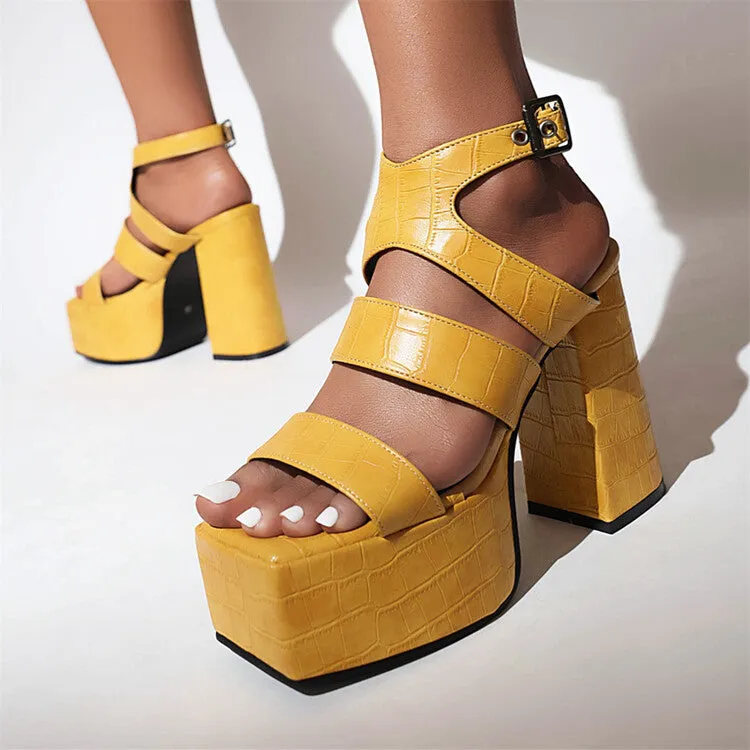 Women's Solid Color Glossy Square Toe Thick Sole Block Heel Platform Sandals
