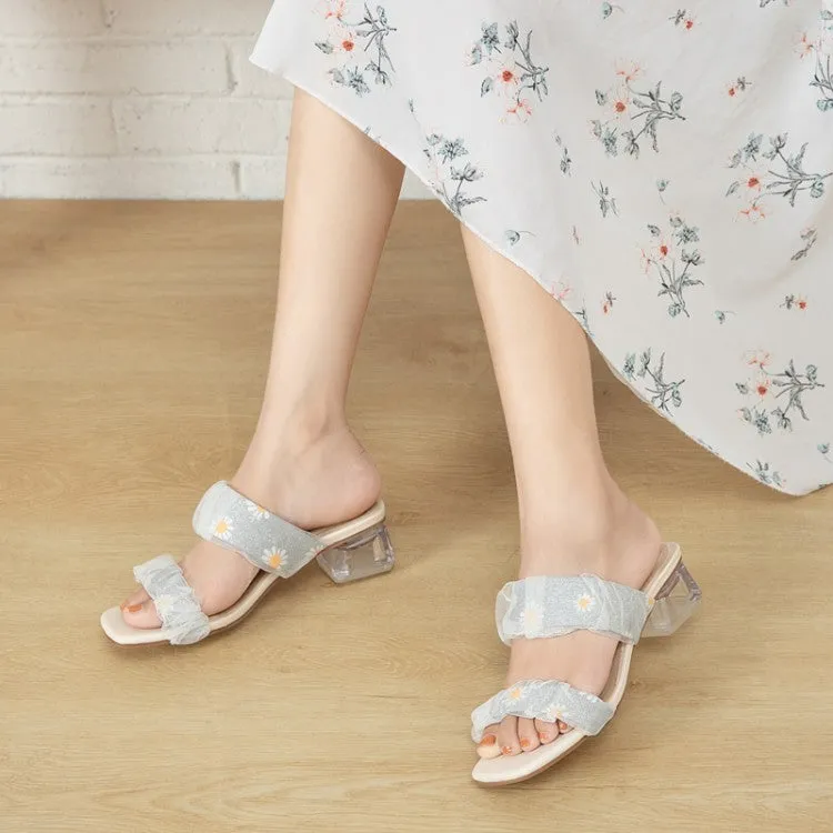 Women's Square Toe Lace Crystal Medium Heel Block Heel Slides Sandals