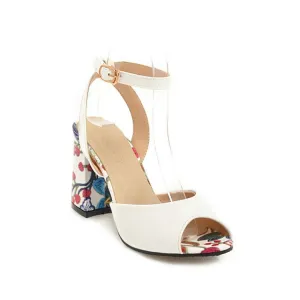 Women's's Color Block Peep Toe Printed Block Heels Sandals