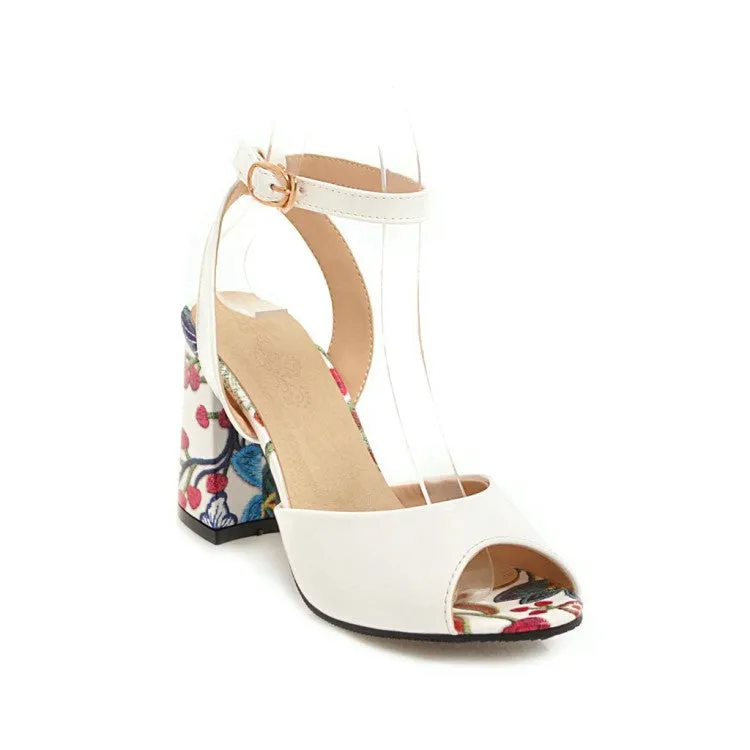 Women's's Color Block Peep Toe Printed Block Heels Sandals