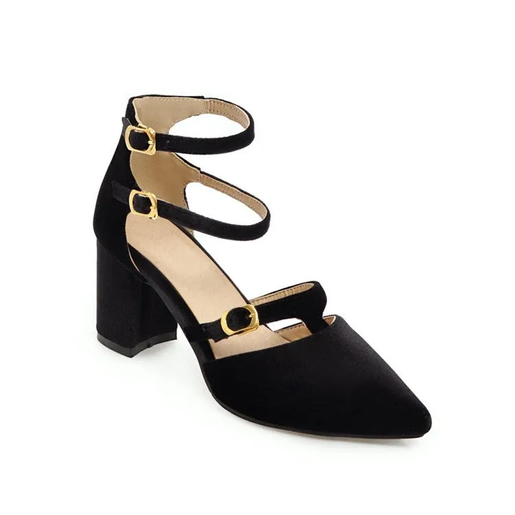Women's's Pointed Toe Suede Metal Buckle Chunky Heel Sandals